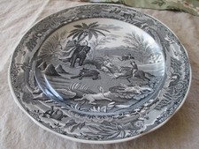 VTG Spode Indian Sporting Black White Transferware Dinner Plate 10-1/4