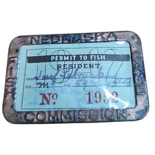 Vintage 1952 Nebraska Resident Fishing Permit Metal Badge Holder License picture