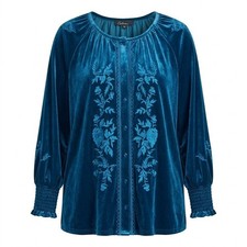 NEW Calessa Womens 1X Teal Blue Velvet Floral Embroidered Boho Top Smocked Cuff picture