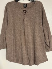 Bobeau 2X Brown Marled Lace Up Tunic Top Plus Size Flowy 3/4 Sleeve Boho picture
