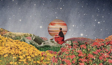 Original Collage Art Handmade Surreal Whimsical Flowers Stars Planet Mars Woman picture