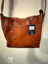 Frye Brown Solid Crossbody Bag Zip Closure Adjustable Strap Beige Lined Gold picture