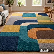 Modern Multicolor Geometric Area Rug – Blue, Teal, Gold & Green Abstract Carpet picture