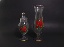 Vintage Viking Glass Red Rose Lidded Candy Dish & Bud Vase Pair Gold Trim picture