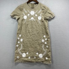 Zara Woman Shift Dress Womens 17.5x31 Khaki Floral Embroidered Boho Midi Linen picture