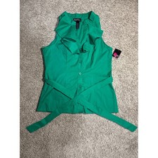 Vintage Susie Rose Kelly Green Ruffle Neck Sleeveless Cotton Belted Blouse Top L picture