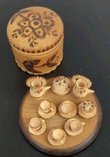 Vintage Miniature Wooden Dollhouse Treenware Tea Set Germany Pyrography Canister picture