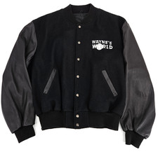 Vintage Wayne's World Movie Cast & Crew Black Wool Leather Varsity Jacket 3XL picture