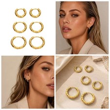 8/10/12mm Woman 18K Gold Plated Texture Polished Beaded Earring Huggie Hoop Drop picture