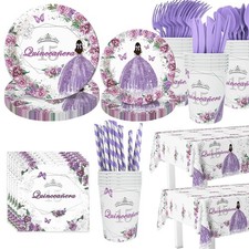 AIBIIN 194pcs Quinceanera Party Supplies Purple 15th Birthday 24 Guests picture