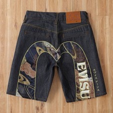 EVISU Men's Blue Denim Shorts – Painted Graphic Back, 5-Pocket Design picture
