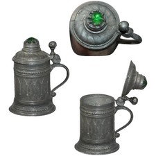 Antique German Dollhouse Doll Metal Tankard Stein w Green Jewel picture