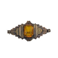 Czech Brass Filigree Pin Brooch Amber Faceted Glass Stone 1930s Vintage 2 inches picture