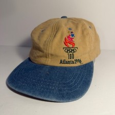 Vintage 1996 Atlanta Olympics Starter Hat Tan Blue Denim Strapback Cap 90s picture