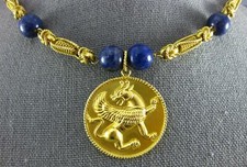 ESTATE LARGE AAA LAPIS 18KT YELLOW GOLD 3D CLASSIC FILIGREE DRAGON FUN NECKLACE picture