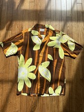 Vintage 60s Barkcloth Hawaiian Shirt Hawaii Hukilau Honolulu Medium picture
