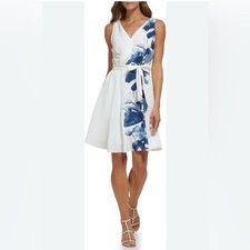 DKNY White Dress with Blue Floral Print and Side Tie picture