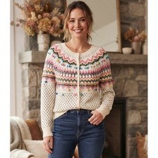 Talbots Wool Sweater Cardigan Fair Isle Women's L Ivory Nordic Button Up Travel picture