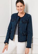 NWOT Talbots Denim Jacket Metallic Trim Button Front Blue Preppy Classic New PL picture