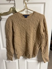 Vnt 90s Ralph Lauren Sports Lambswool Sweater Women Med Tan Cable Knit Hole 40w picture