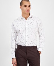 Bar III Slim Fit Button-Front Sami Floral Print Shirt Men's S 14-14.5 White Sage picture