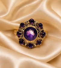 Vintage 10K Yellow Gold Amethyst Floral Cocktail Ring Size 6.5, 16mm picture