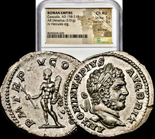 198-217 AD Caracalla w/Hercules Rev Ancient Roman Silver Denarius NGC Choice AU picture