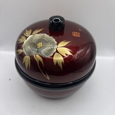 Vintage Japanese Red Lacquerware Covered Bowl Candy Trinket Dish Gold Leaf Peony picture