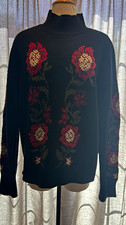 Wonderly Women XL Black Floral Intarsia Knit Mock Neck Pullover Sweater picture