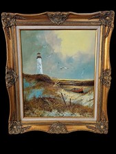 Vintage Ornate Lighthouse Seascape Oil Painting 27x31 Gold Frame Signed Engel picture