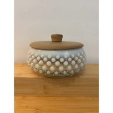 Vintage Milk Glass Hobnail Powder Jar w Wooden Lid, Mid-Century Vanity Dish, picture