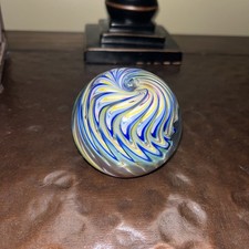 VTG SAM HOGUE MARBLE SIGNED 05 HANDMADE GLASS ART blue,yellow,greenish & pinkish picture