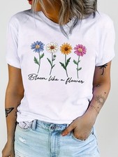 Cute Flower & Letter Print Casual T-shirt, Crew Neck Short Sleeve Top For summer picture