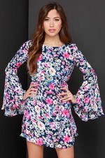 Lulus My Fleur Lady Navy Blue Floral Print Dress Size S Long Bell Sleeve picture