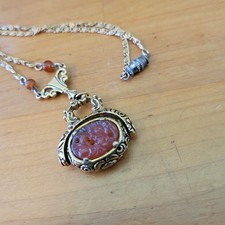 Vintage Libra Zodiac Necklace Carved Pink Glass Ornate Pendant 25g picture
