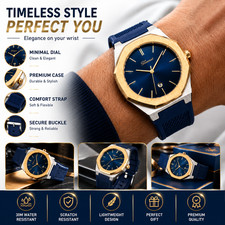 Men's Luxury Gold & Blue Octagon Watch, Silicone Strap, Date Display, Waterproof picture