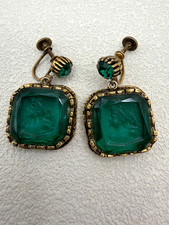 Vintage Vargas Green Intaglio Glass Earrings Drop Gold Tone 1950s Screw Back picture