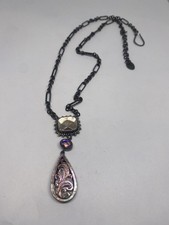 18” 15.6g 925 CARVED MOTHER OF PEARL AMETHYST FINE STERLING SILVER NECKLACE picture