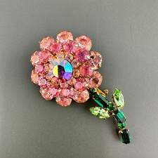 Vintage Judy Lee Rhinestone Flower Brooch Shades of AB Pink Green Long Stem READ picture