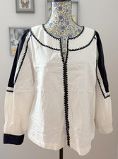Ann Taylor Loft Women's L Black & White Colorblock Embroidered Split Neck Blouse picture