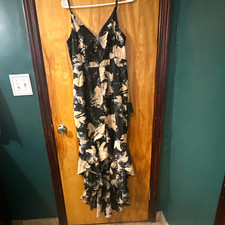 Lulus Black Beige Floral Chiffon V-Neck Ruffle Lined Zip Midi Dress M picture