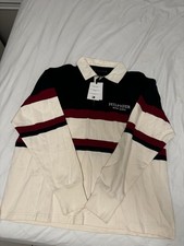 Tommy Hilfiger Men’s Striped Long Sleeve Polo Shirt Cream Black Red L Logo picture
