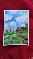 ACEO onbreak.art Cabin Meadow Watercolor Original Landscape Miniature picture