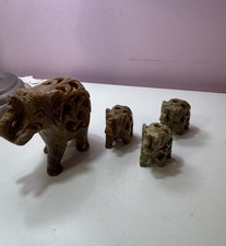Hand Carved Soapstone Elephant Family Set 4 Jali Baby Inside Made In India picture