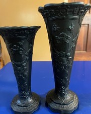 EXTREMELY RARE Pair Wedgwood Black Basalt Trumpet Vases (10