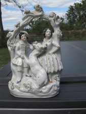 Staffordshire deer young couple antique excellent rare tree arbor 19th picture