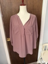Torrid Harper Women's Purple Solid V-Neck 3/4 Sleeve Pullover Pleated Blouse picture