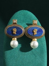 Antique Lapis Lazuli Pearl Drop Earrings Gold Vintage Carved Portrait Luxury picture