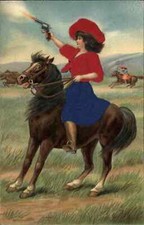 Cowgirl Shooting Gun Pistol REAL SILK APPLIQUE CLOTHING GENDER ROLES PC picture