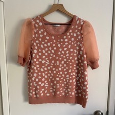Kaily K Womens Peach White Polka Dot Sheer Puff Sleeve Knit Sweater Top Girlhood picture
